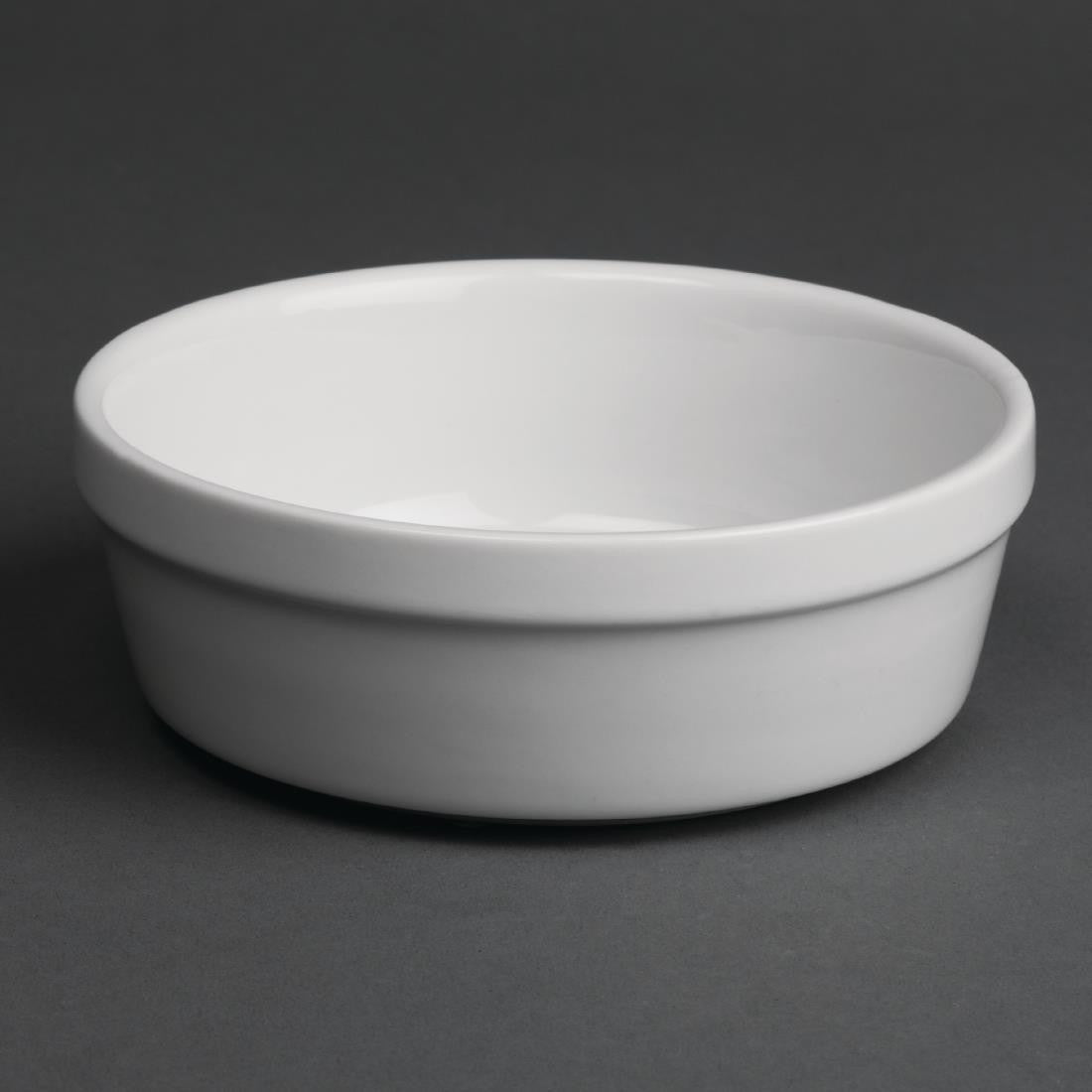 Side top view of Olympia Whiteware Round Pie Bowls 119mm in black background.