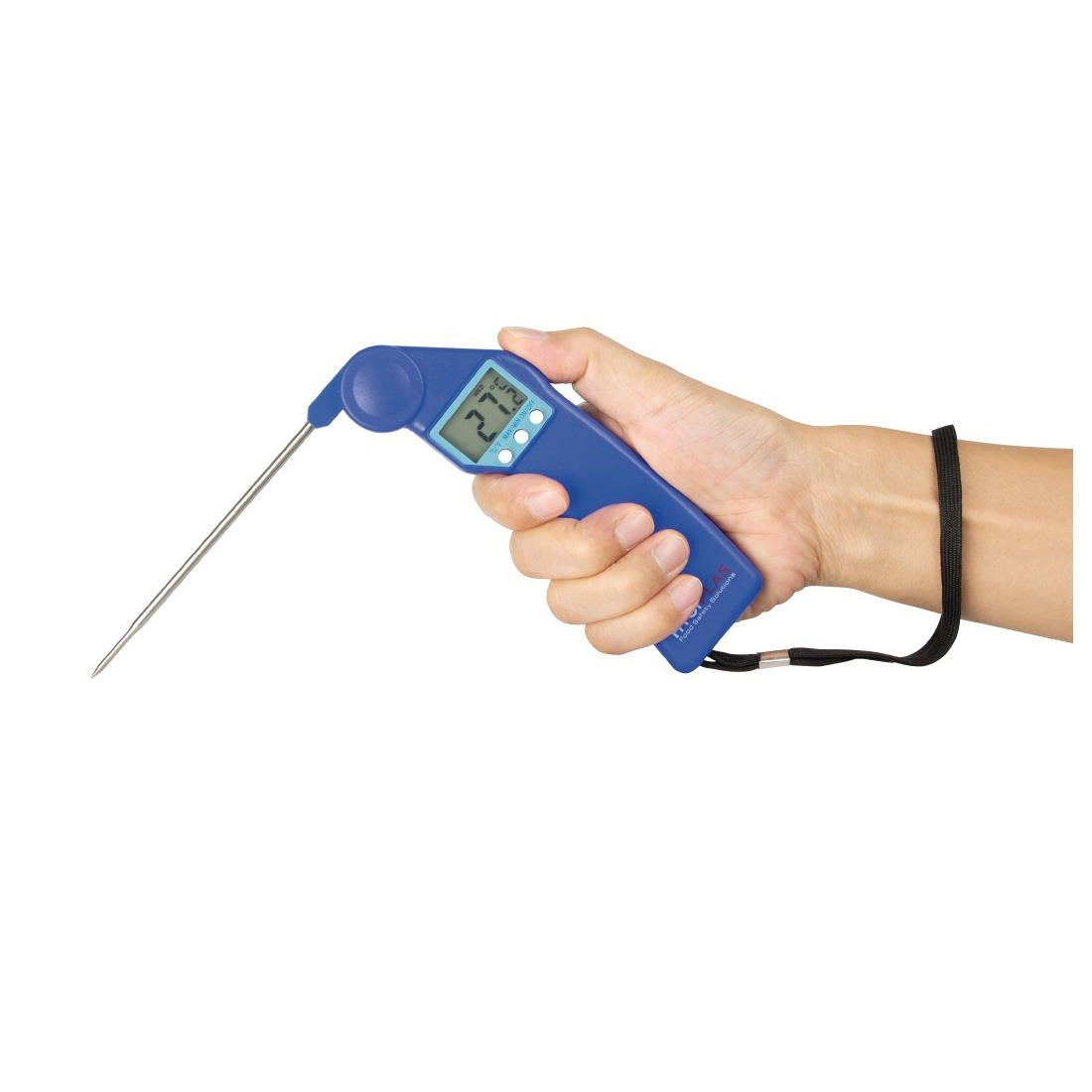 Hygiplas Easytemp Colour Coded Blue Thermometer FX146 holding