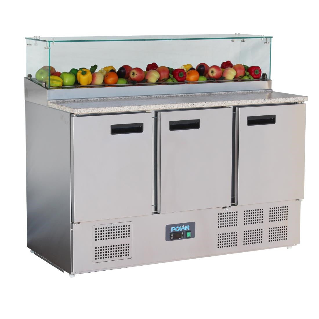 Polar G-Series 3 Door Pizza Prep Counter with Glass Sneeze Guard 436Ltr GH267
