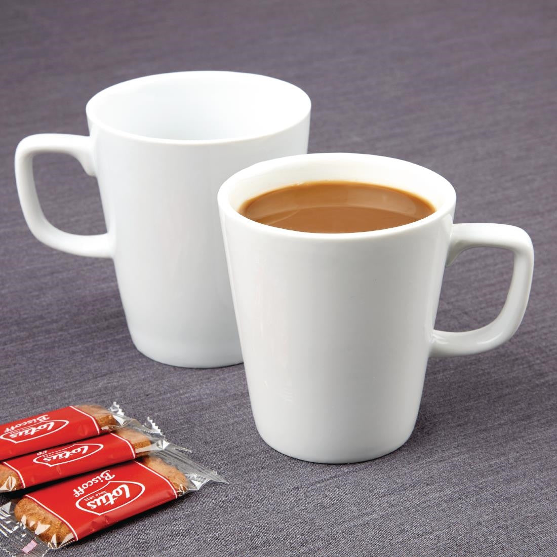 Two Olympia Athena Latte Mugs 285ml with and without latte.