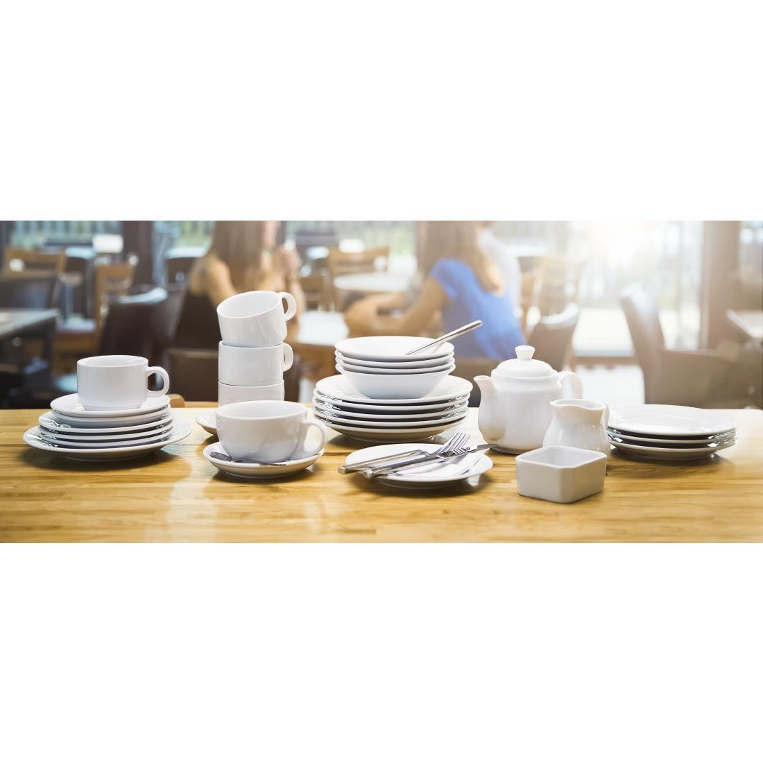 Olympia Athena Latte Mugs 285ml with other crockeries and cutleries.