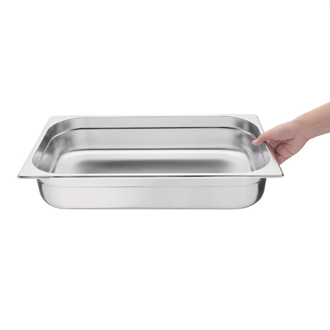 Vogue Stainless Steel 1/1 Gastronorm Pan 100mm in  hand.