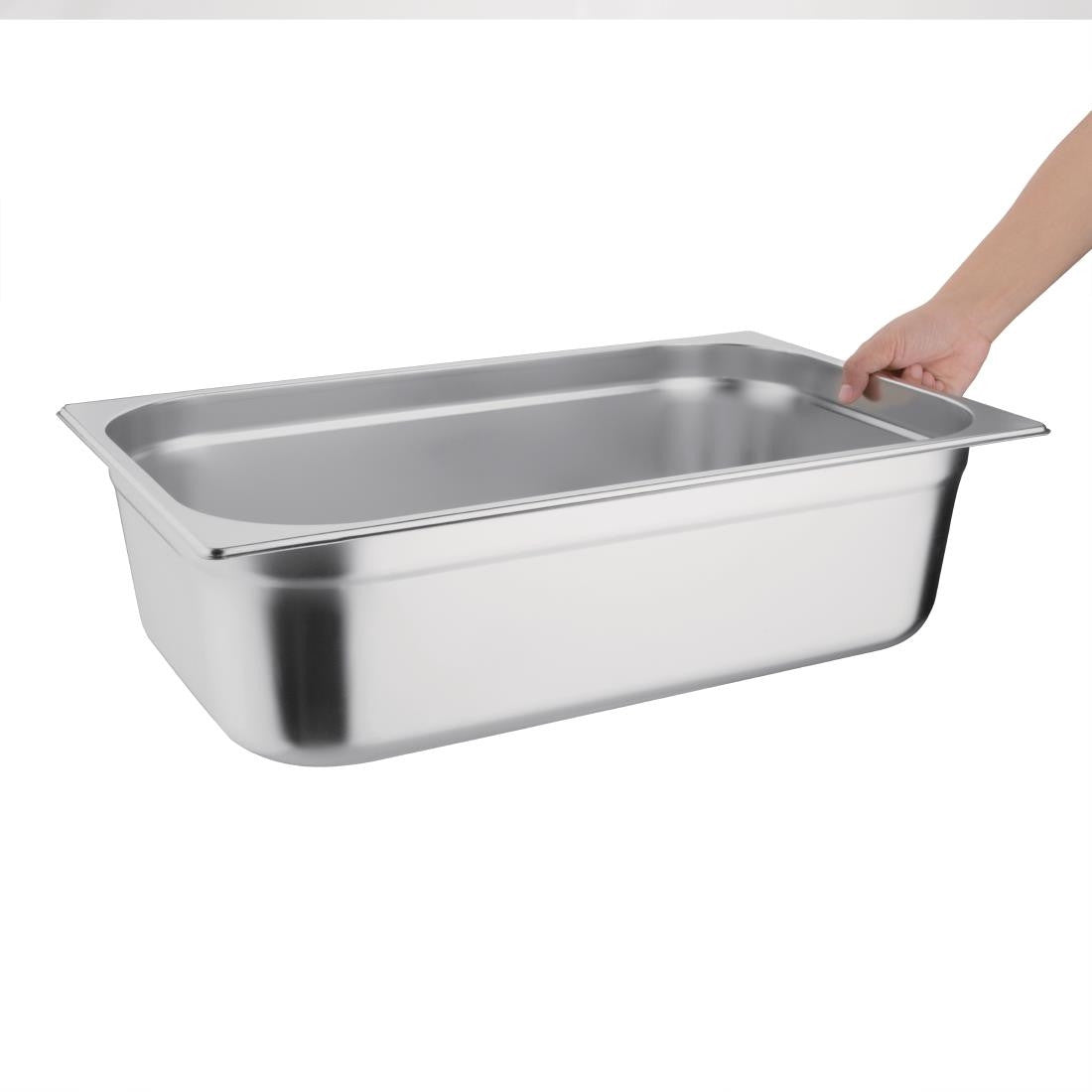 Vogue Stainless Steel 1/1 Gastronorm Pan 150mm in hand.