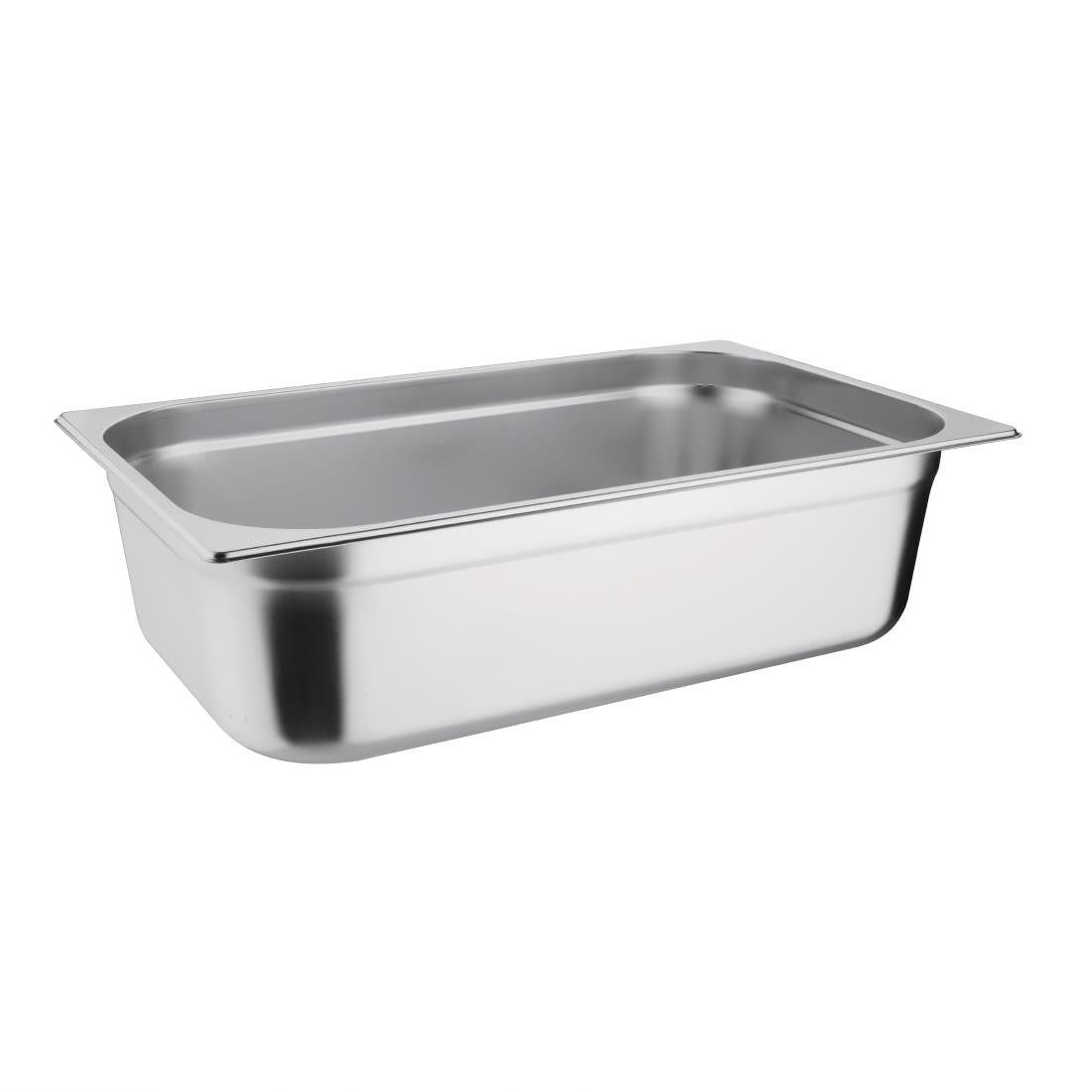 Side view of empty Vogue Stainless Steel 1/1 Gastronorm Pan 150mm.