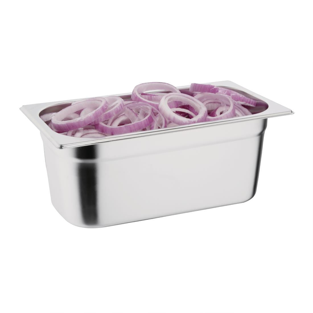 Vogue Stainless Steel 1/3 Gastronorm Pan 100mm with content.