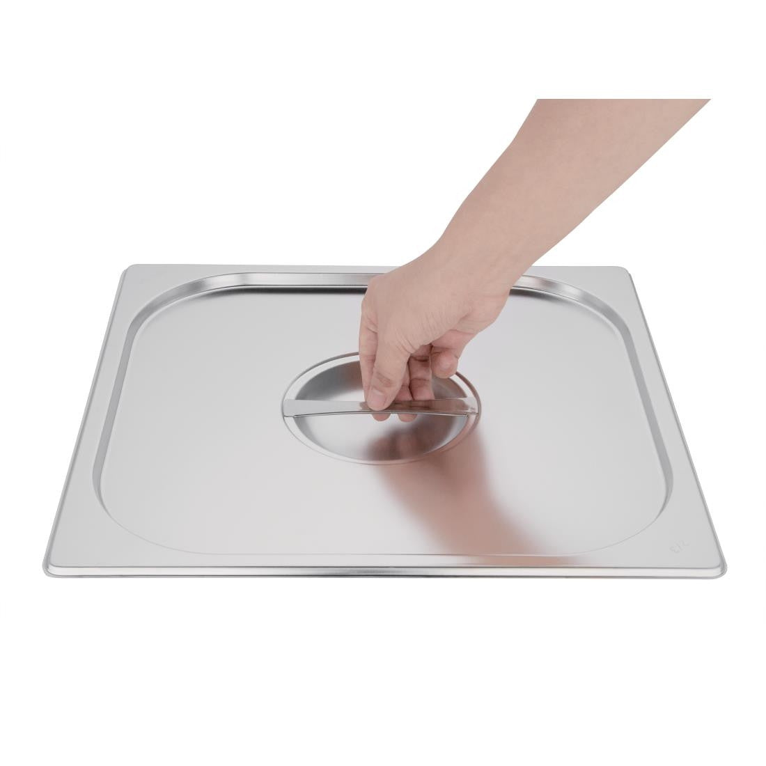 Vogue Stainless Steel 2/3 Gastronorm Lid  in hand.