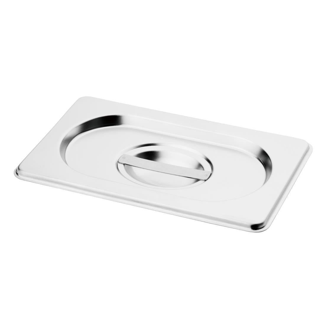 Side top view of Vogue Stainless Steel 1/4 Gastronorm Lid.