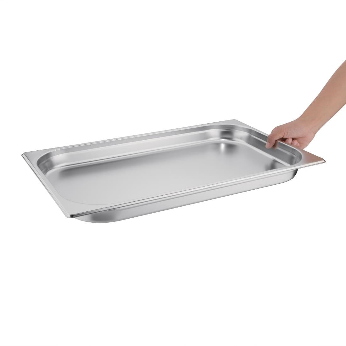 Vogue Stainless Steel 1/1 Gastronorm Pan 40mm in hand.