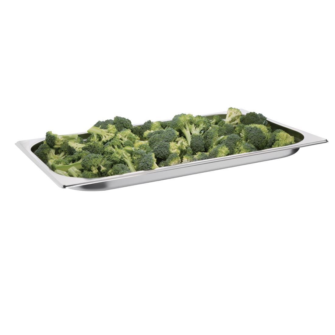 Vogue Stainless Steel 1/1 Gastronorm Pan 20mm with broccoli inside.