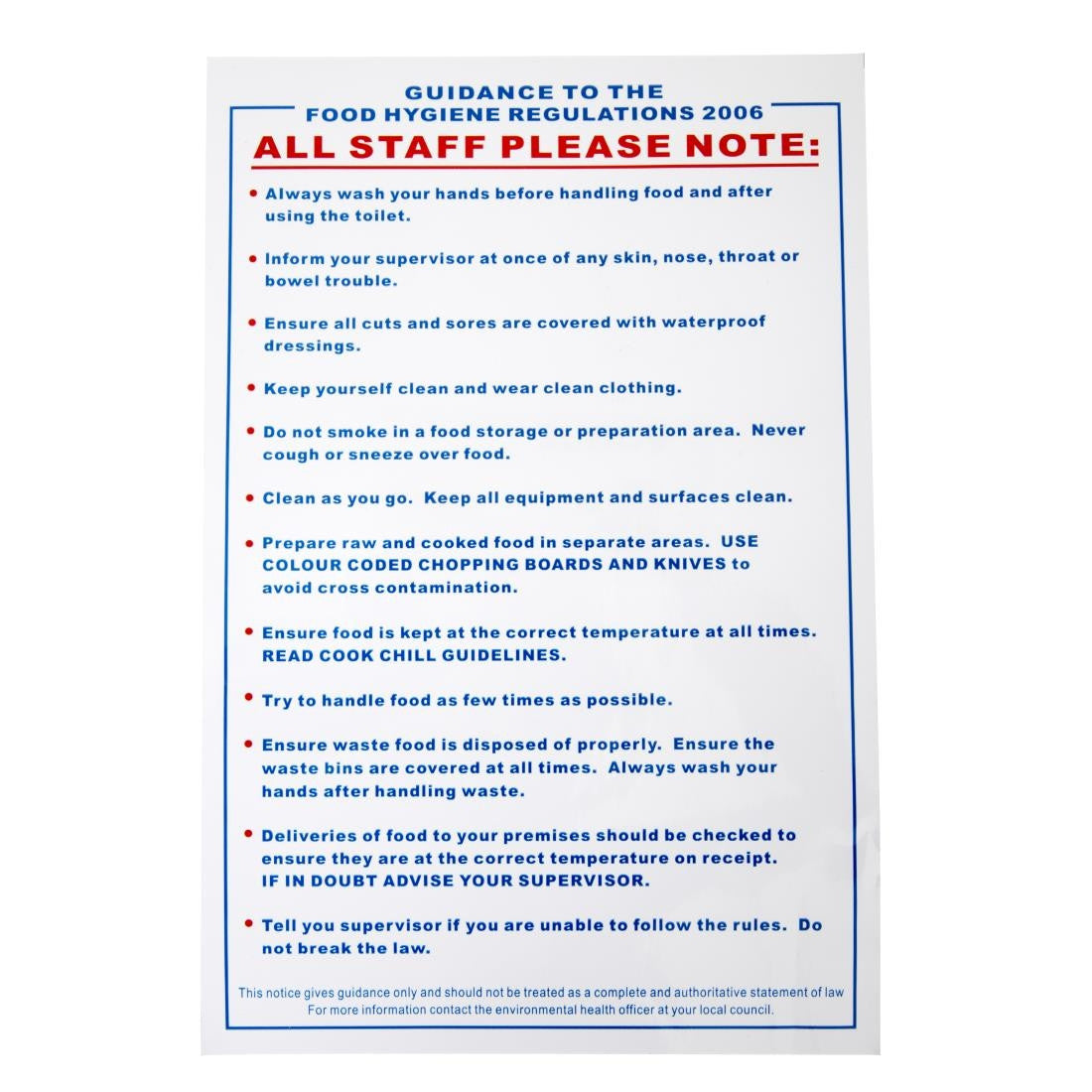 Vogue Food Safety Act 2006 Guidance Sign L951